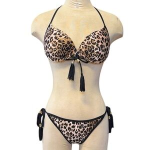 Leopard Print Bikini Swimsuit Push-Up Halter Fringe Rhinestone M Medium